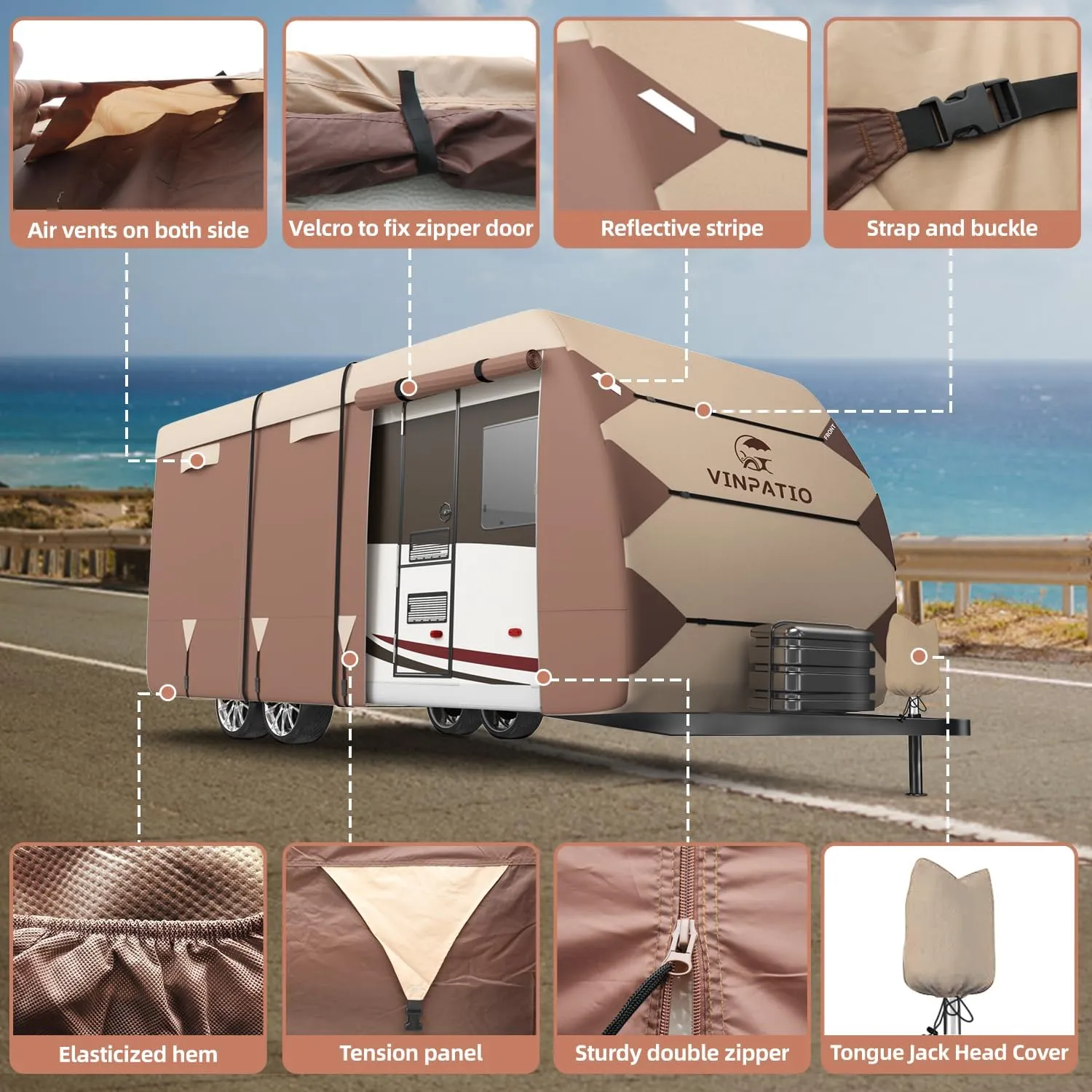Oxford Fabric Travel Trailer RV Cover, Toy Hauler Cover Fits 27'-30' RV Heavy Duty 300D Ripstop Anti-UV Waterproof Windproof Camper Cover with Tongue Jack Cover, Extra Ropes, Brown