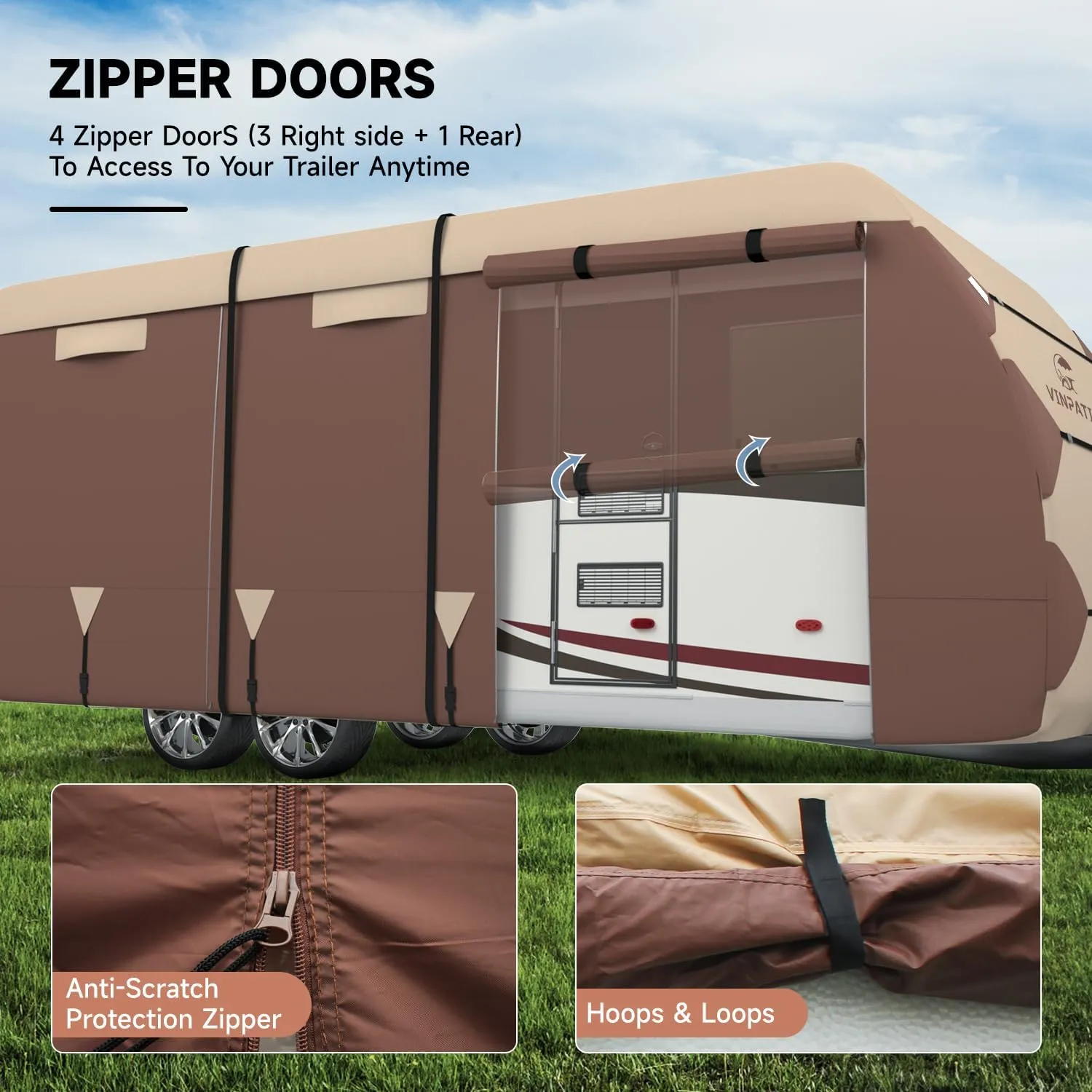 Oxford Fabric Travel Trailer RV Cover, Toy Hauler Cover Fits 27'-30' RV Heavy Duty 300D Ripstop Anti-UV Waterproof Windproof Camper Cover with Tongue Jack Cover, Extra Ropes, Brown
