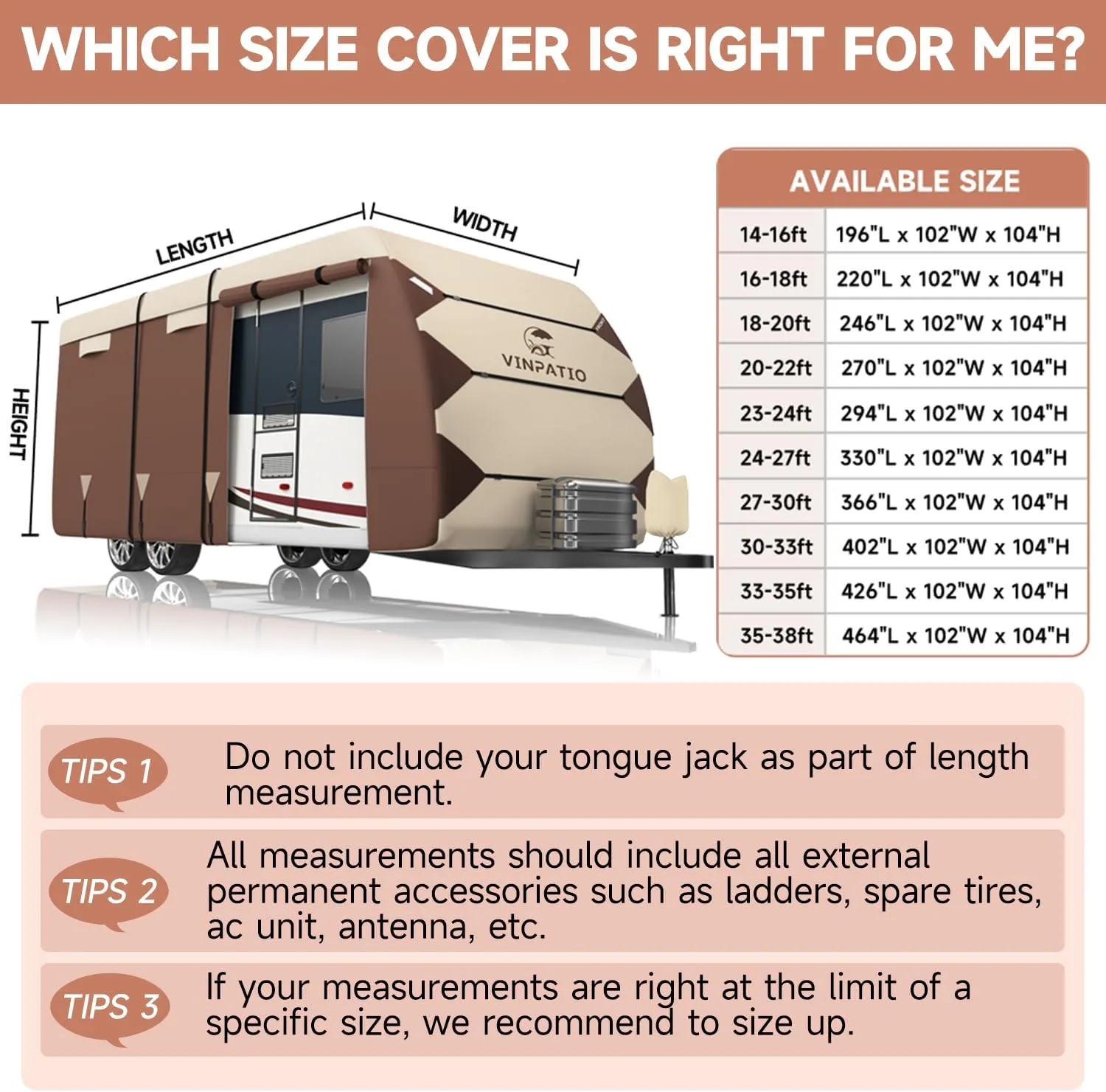 Oxford Fabric Travel Trailer RV Cover, Toy Hauler Cover Fits 27'-30' RV Heavy Duty 300D Ripstop Anti-UV Waterproof Windproof Camper Cover with Tongue Jack Cover, Extra Ropes, Brown