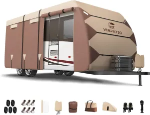 Oxford Fabric Travel Trailer RV Cover, Toy Hauler Cover Fits 27'-30' RV Heavy Duty 300D Ripstop Anti-UV Waterproof Windproof Camper Cover with Tongue Jack Cover, Extra Ropes, Brown