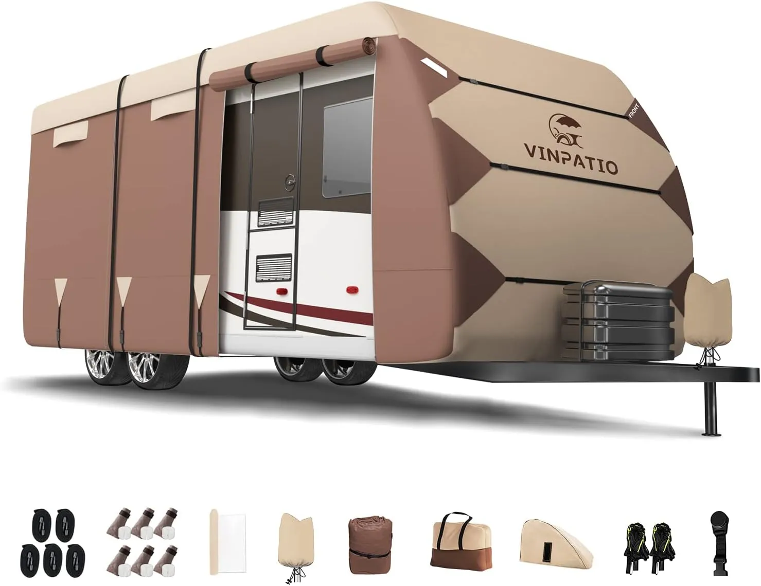 Oxford Fabric Travel Trailer RV Cover, Toy Hauler Cover Fits 27'-30' RV Heavy Duty 300D Ripstop Anti-UV Waterproof Windproof Camper Cover with Tongue Jack Cover, Extra Ropes, Brown