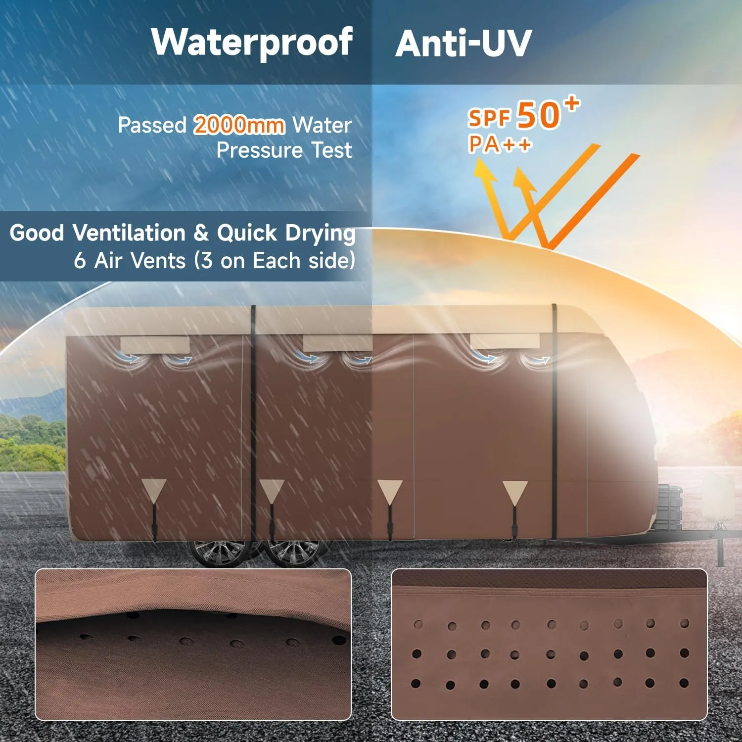 Oxford Fabric Travel Trailer RV Cover, Toy Hauler Cover Fits 27'-30' RV Heavy Duty 300D Ripstop Anti-UV Waterproof Windproof Camper Cover with Tongue Jack Cover, Extra Ropes, Brown