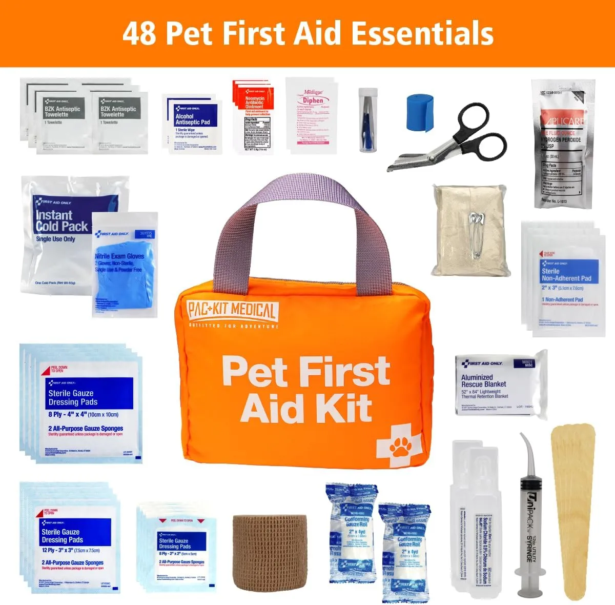 Pac-Kit Pet First Aid Kit for Dogs, Cats, and Other Animals in Soft-Sided Organized Zipper Case, 48 Pieces