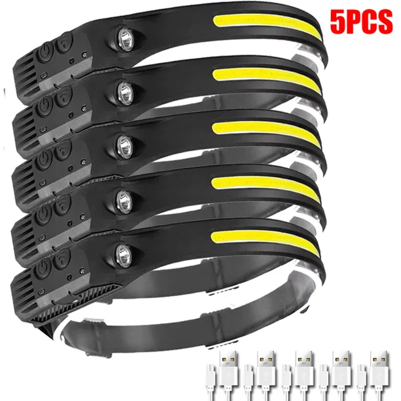 Pack USB Rechargeable LED Headlamp - Sensor Flashlight, Waterproof, XPE COB, Camping, Fishing Lantern