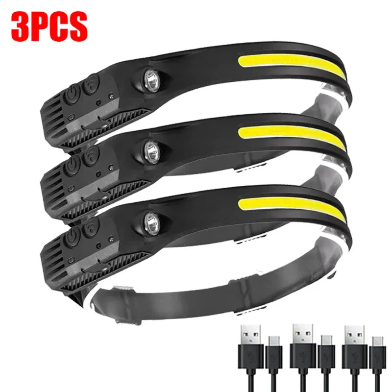 Pack USB Rechargeable LED Headlamp - Sensor Flashlight, Waterproof, XPE COB, Camping, Fishing Lantern