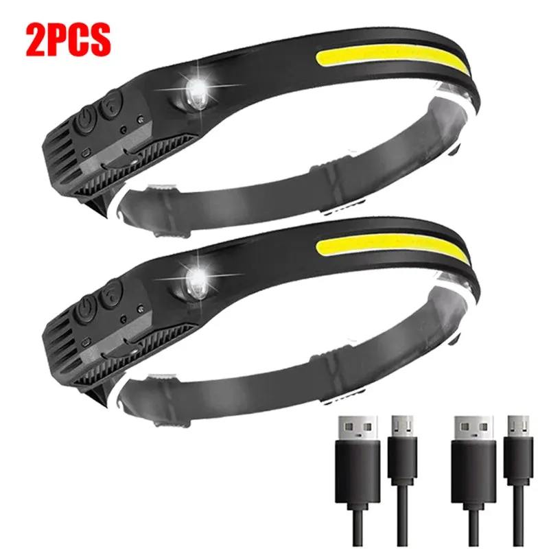 Pack USB Rechargeable LED Headlamp - Sensor Flashlight, Waterproof, XPE COB, Camping, Fishing Lantern
