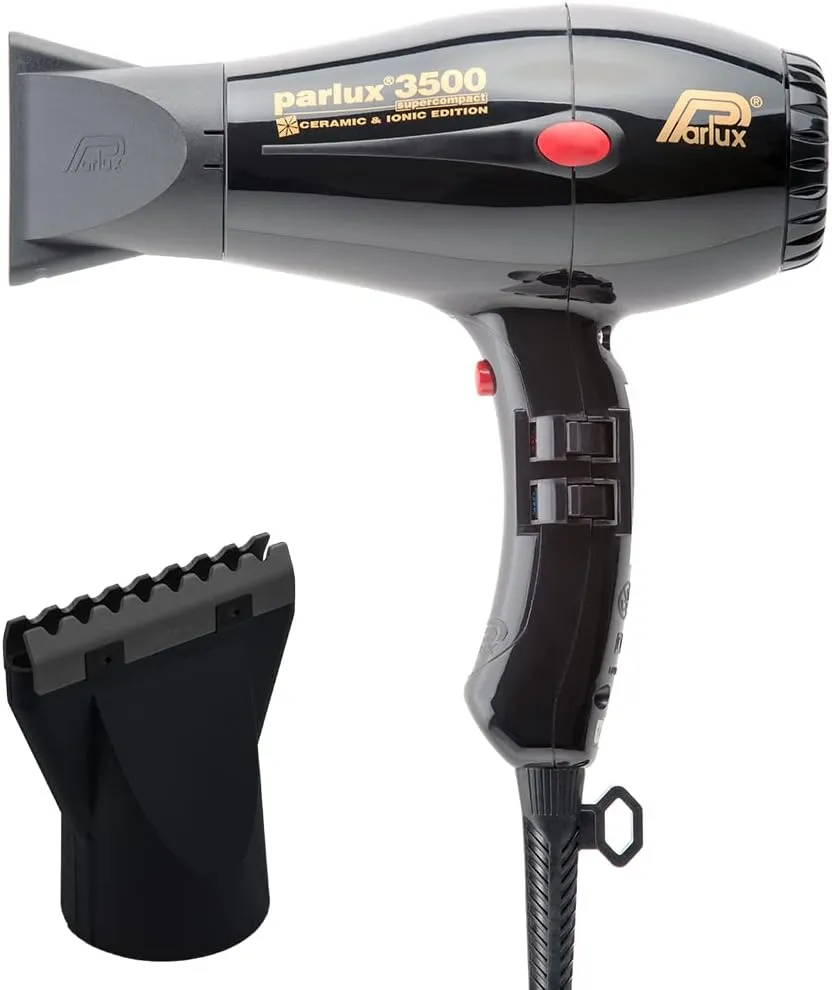Parlux 3500 Super Compact Ceramic & Ionic Black Hair Dryer   M Hair Designs Hot Blow Attachment (Bundle) – Lightweight, Fast-Drying, Frizz-Control Blow Dryer for Smooth Styling