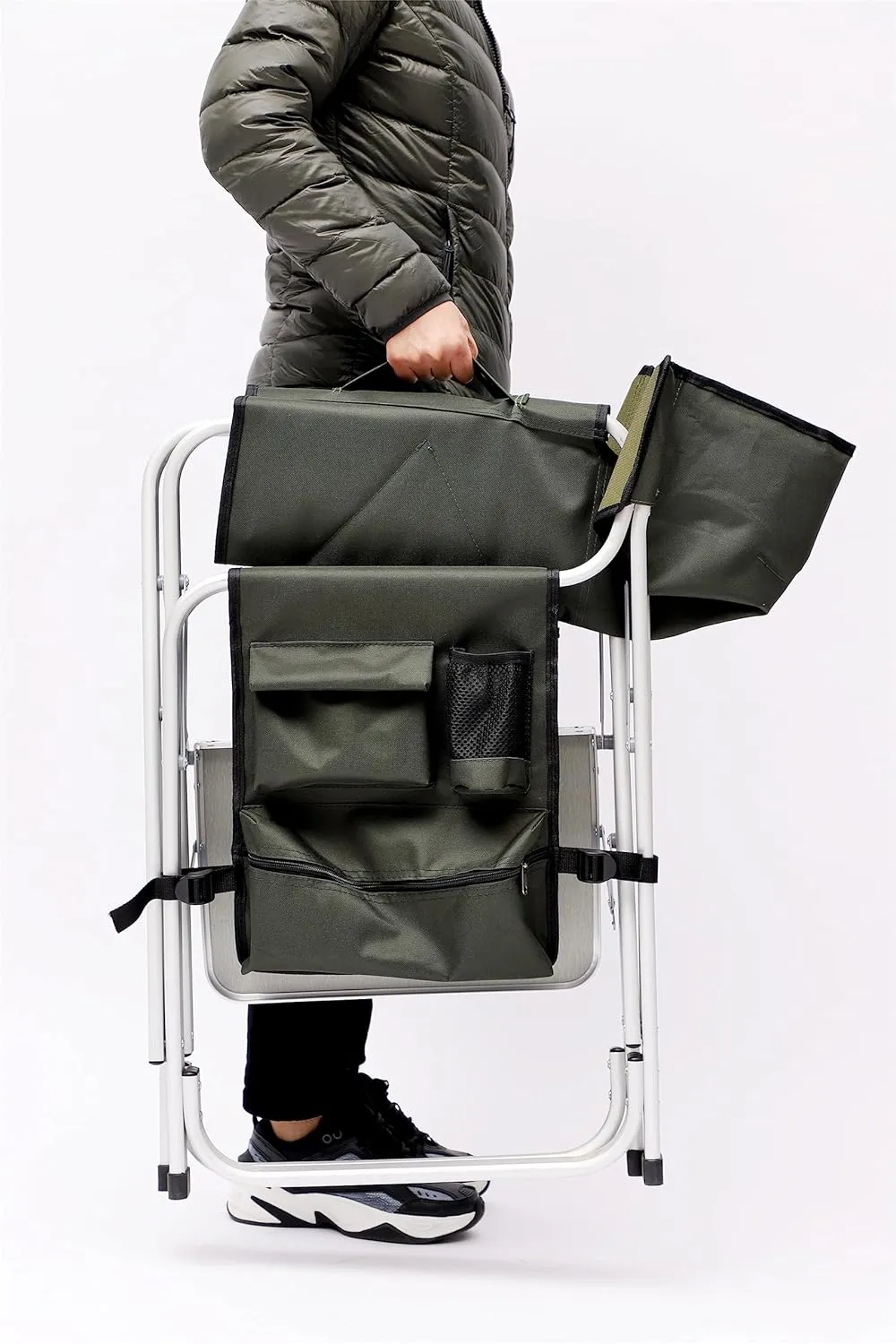 Patio Furniture Conversation Sets,Padded Folding Outdoor Chair with Side Table and Storage Pockets,Lightweight Oversized Chair for indoor, Outdoor Camping, Picnics,Fishing(1PC Black/Green Chair)