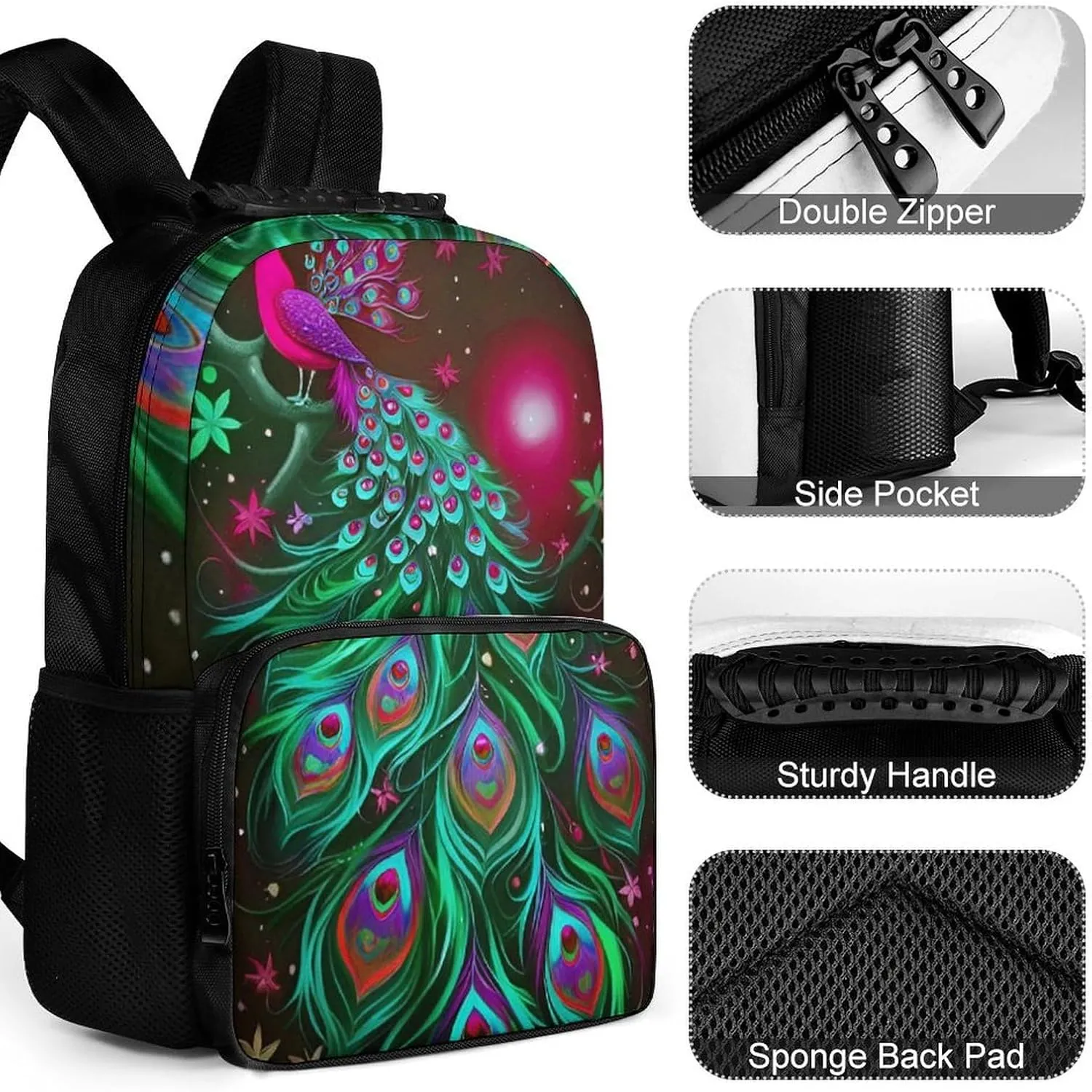 Peacock Animal Oil Painting Daypack Backpack Polyester Multipurpose Anti-Theft Shoulder Bag Big Capacity Gym Outdoor Hiking Backpack With Smooth Zippers