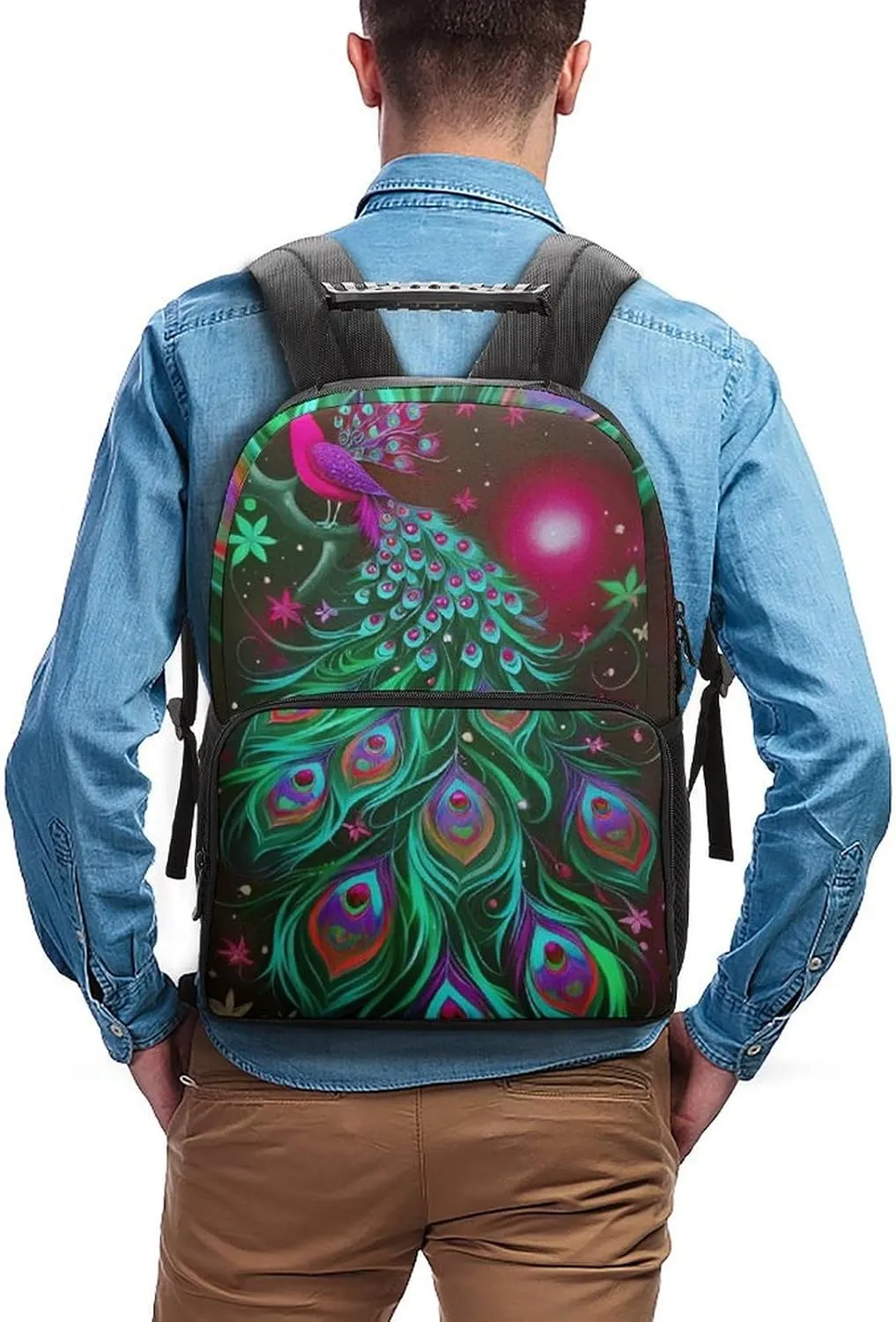 Peacock Animal Oil Painting Daypack Backpack Polyester Multipurpose Anti-Theft Shoulder Bag Big Capacity Gym Outdoor Hiking Backpack With Smooth Zippers