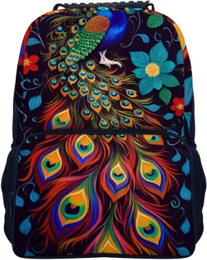 Peacock Animal Oil Painting Rucksacks Polyester Anti-Theft Multipurpose Carry On Bag Large Capacity Gym Outdoor Hiking Backpack With Smooth Zippers