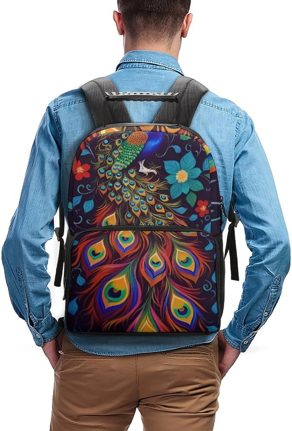Peacock Animal Oil Painting Rucksacks Polyester Anti-Theft Multipurpose Carry On Bag Large Capacity Gym Outdoor Hiking Backpack With Smooth Zippers