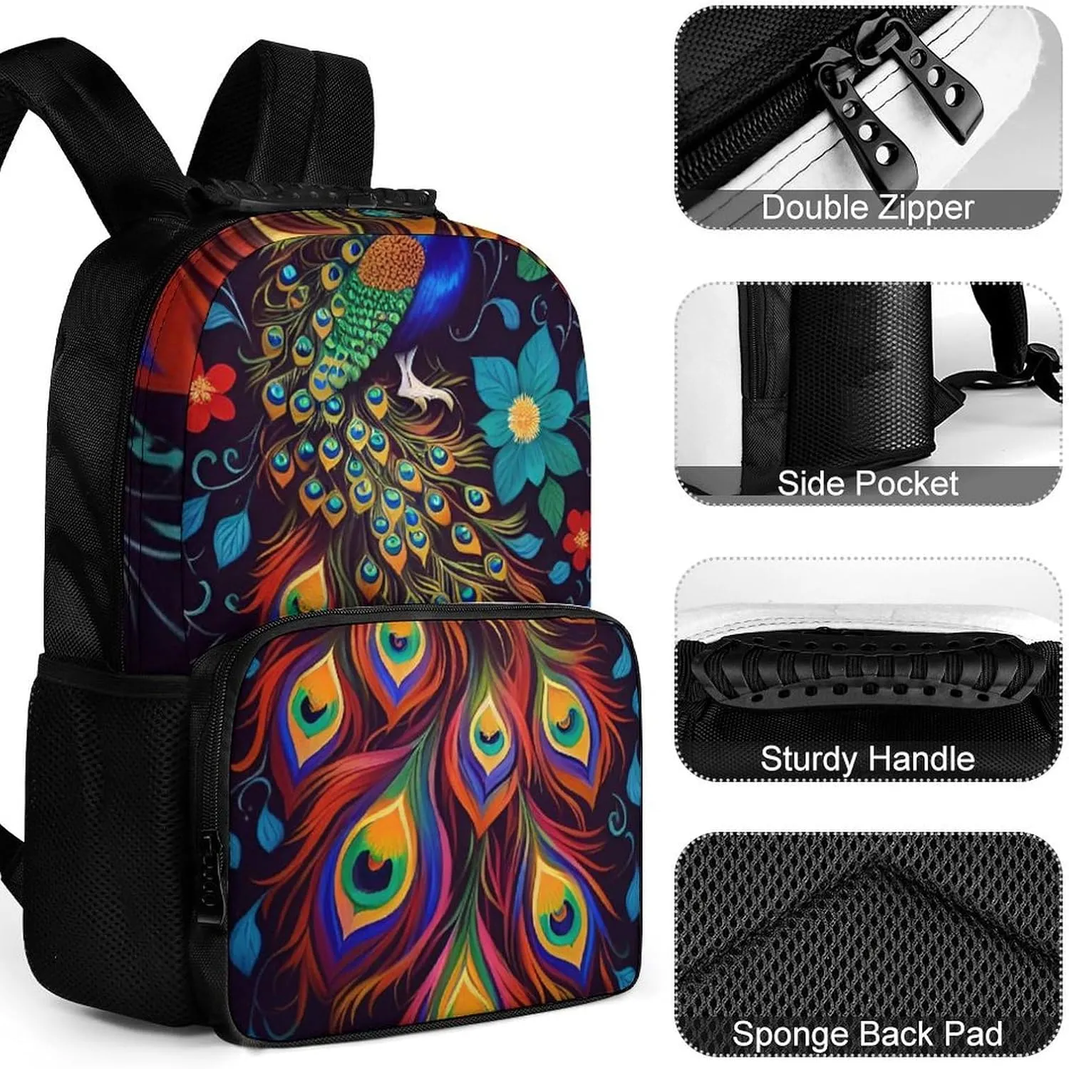 Peacock Animal Oil Painting Rucksacks Polyester Anti-Theft Multipurpose Carry On Bag Large Capacity Gym Outdoor Hiking Backpack With Smooth Zippers