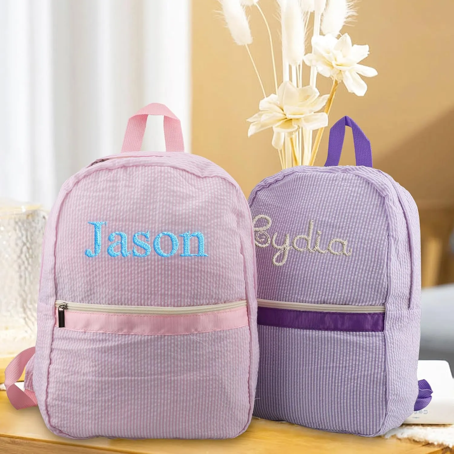 Pekdi Personalized Lightweight Water-Resistant Backpack, Cream Seersucker Mini Daypack with Embroidered Name, 15*11in, Green, Unisex, School Backpack