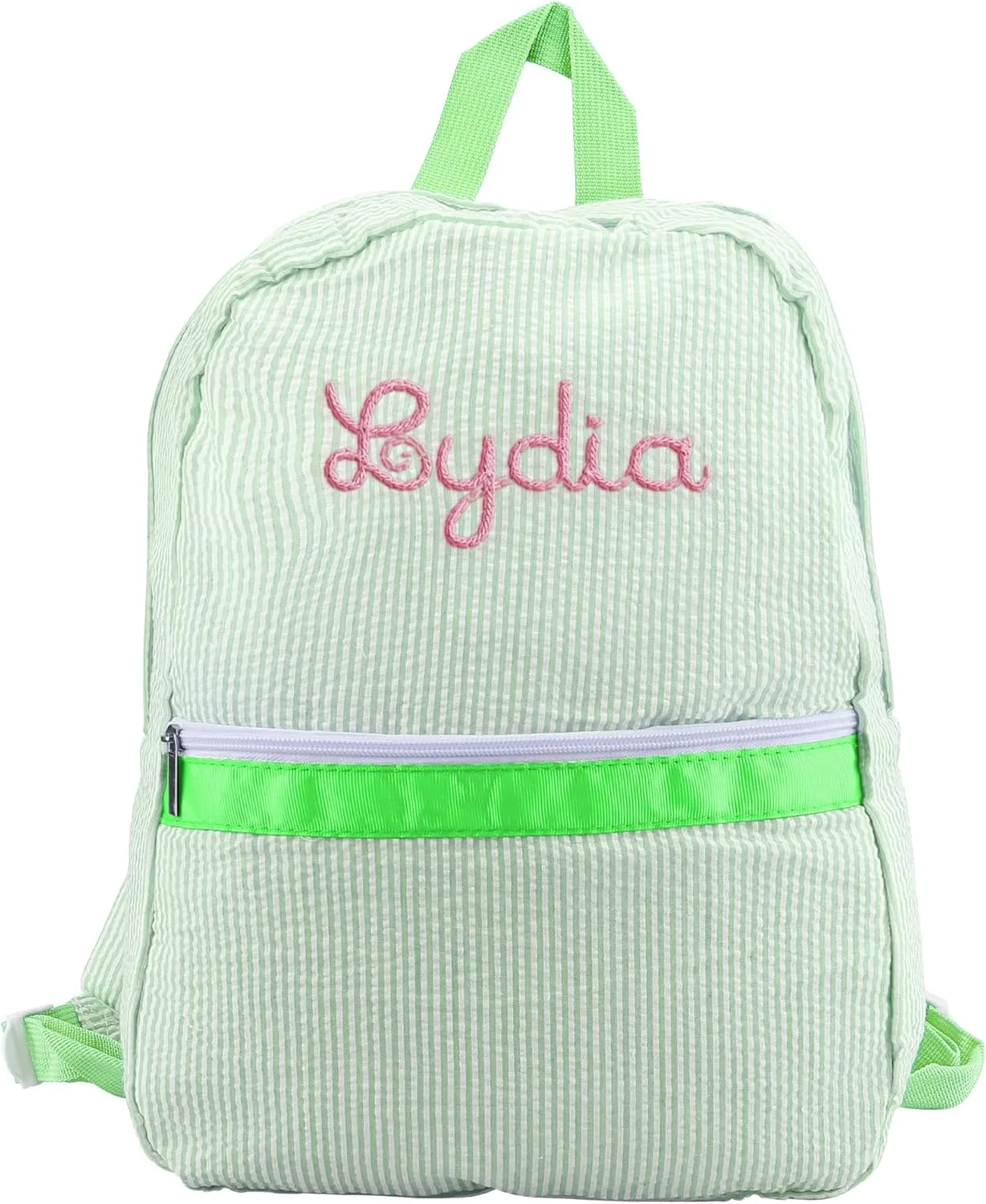Pekdi Personalized Lightweight Water-Resistant Backpack, Cream Seersucker Mini Daypack with Embroidered Name, 15*11in, Green, Unisex, School Backpack