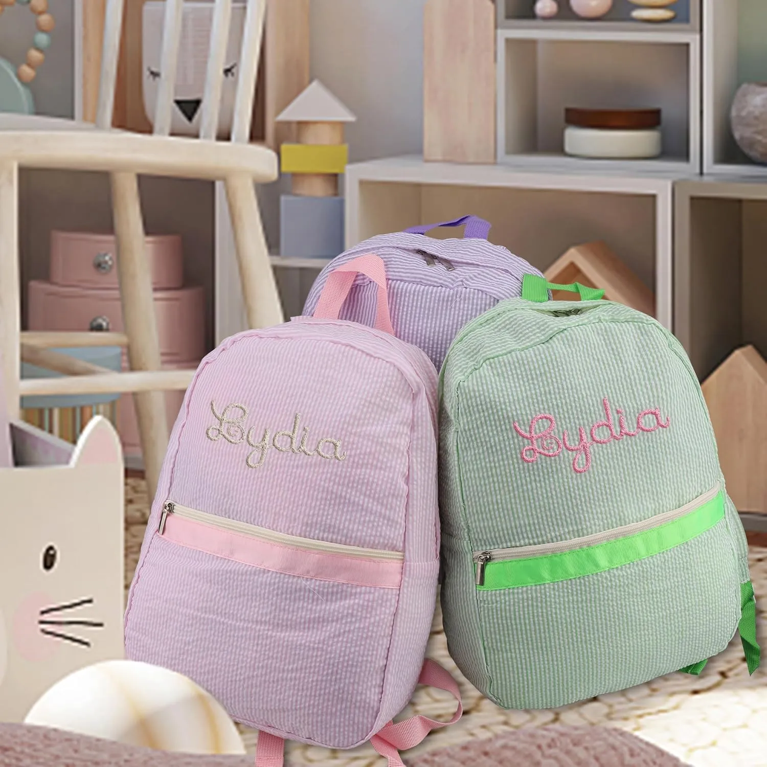 Pekdi Personalized Lightweight Water-Resistant Backpack, Cream Seersucker Mini Daypack with Embroidered Name, 15*11in, Green, Unisex, School Backpack