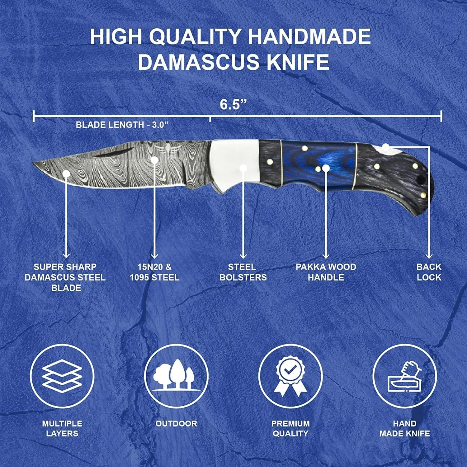 Personalised Damascus Pocket Knife for Men - Multi Layer Solid Steel Handmade Folding Hunting Knives with Sharpner and Leather Pouch - Best Knife for Camping Hunting Hiking - Father’s Day Gifts for Men Husband Dad