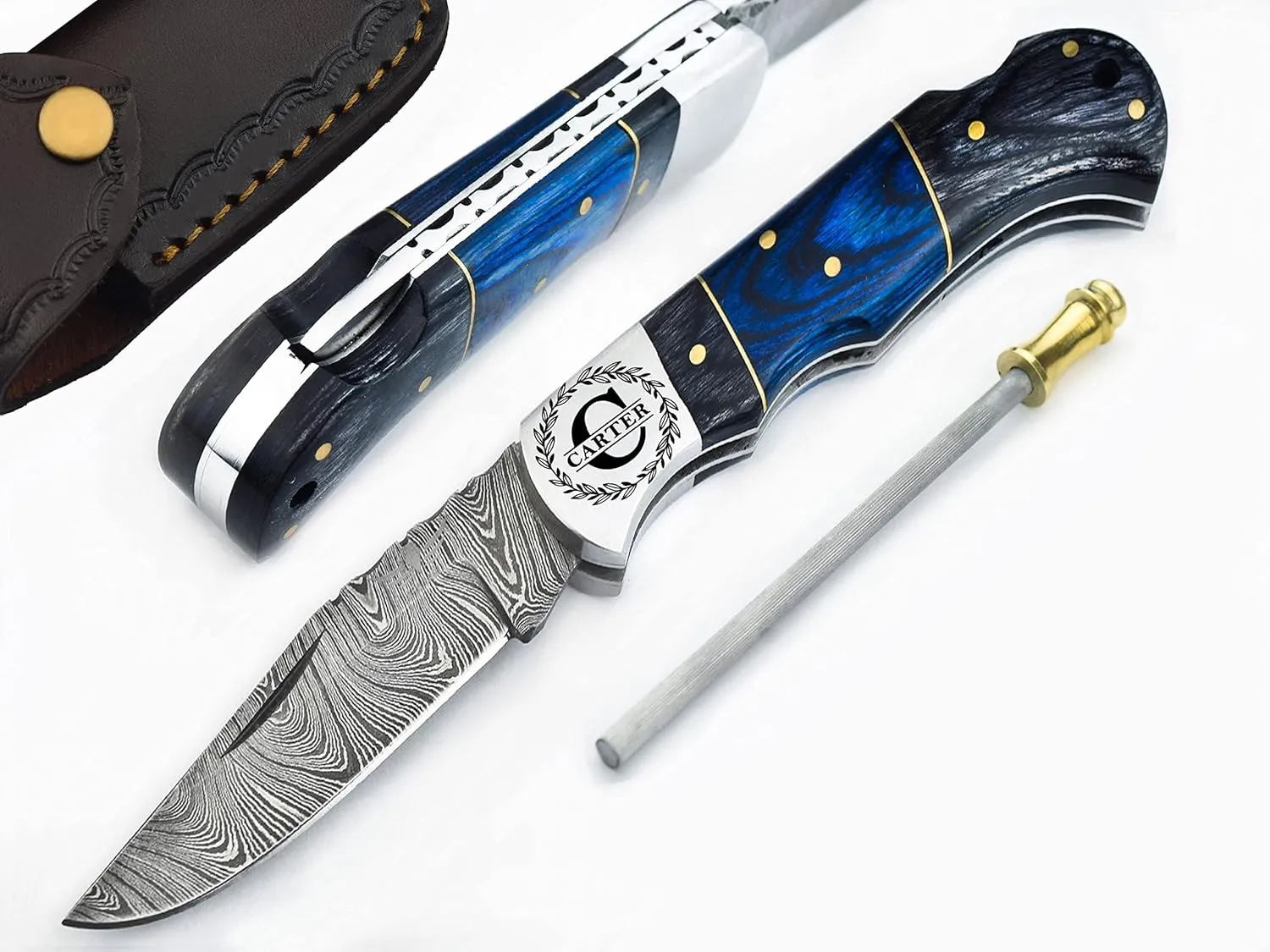 Personalised Damascus Pocket Knife for Men - Multi Layer Solid Steel Handmade Folding Hunting Knives with Sharpner and Leather Pouch - Best Knife for Camping Hunting Hiking - Father’s Day Gifts for Men Husband Dad