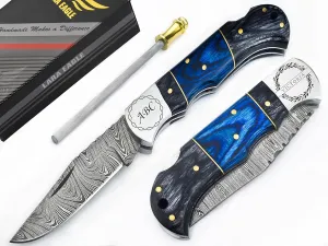 Personalised Damascus Pocket Knife for Men - Multi Layer Solid Steel Handmade Folding Hunting Knives with Sharpner and Leather Pouch - Best Knife for Camping Hunting Hiking - Father’s Day Gifts for Men Husband Dad