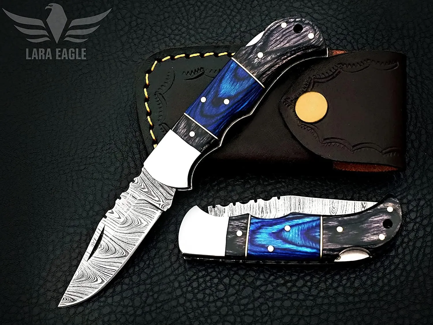 Personalised Damascus Pocket Knife for Men - Multi Layer Solid Steel Handmade Folding Hunting Knives with Sharpner and Leather Pouch - Best Knife for Camping Hunting Hiking - Father’s Day Gifts for Men Husband Dad