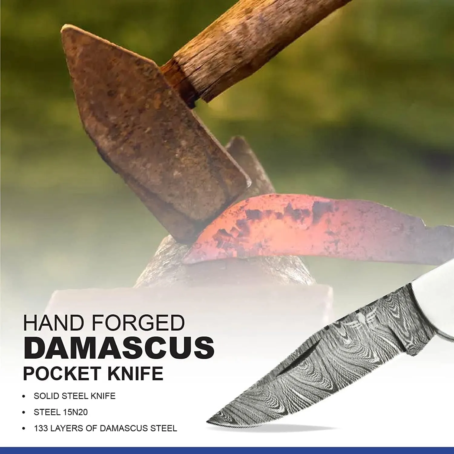 Personalised Damascus Pocket Knife for Men - Multi Layer Solid Steel Handmade Folding Hunting Knives with Sharpner and Leather Pouch - Best Knife for Camping Hunting Hiking - Father’s Day Gifts for Men Husband Dad