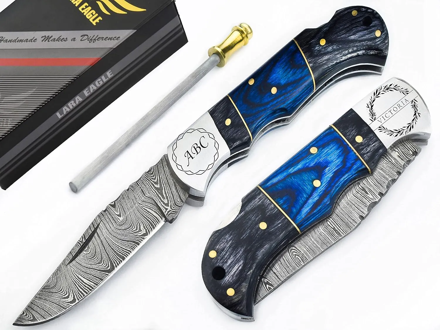 Personalised Damascus Pocket Knife for Men - Multi Layer Solid Steel Handmade Folding Hunting Knives with Sharpner and Leather Pouch - Best Knife for Camping Hunting Hiking - Father’s Day Gifts for Men Husband Dad