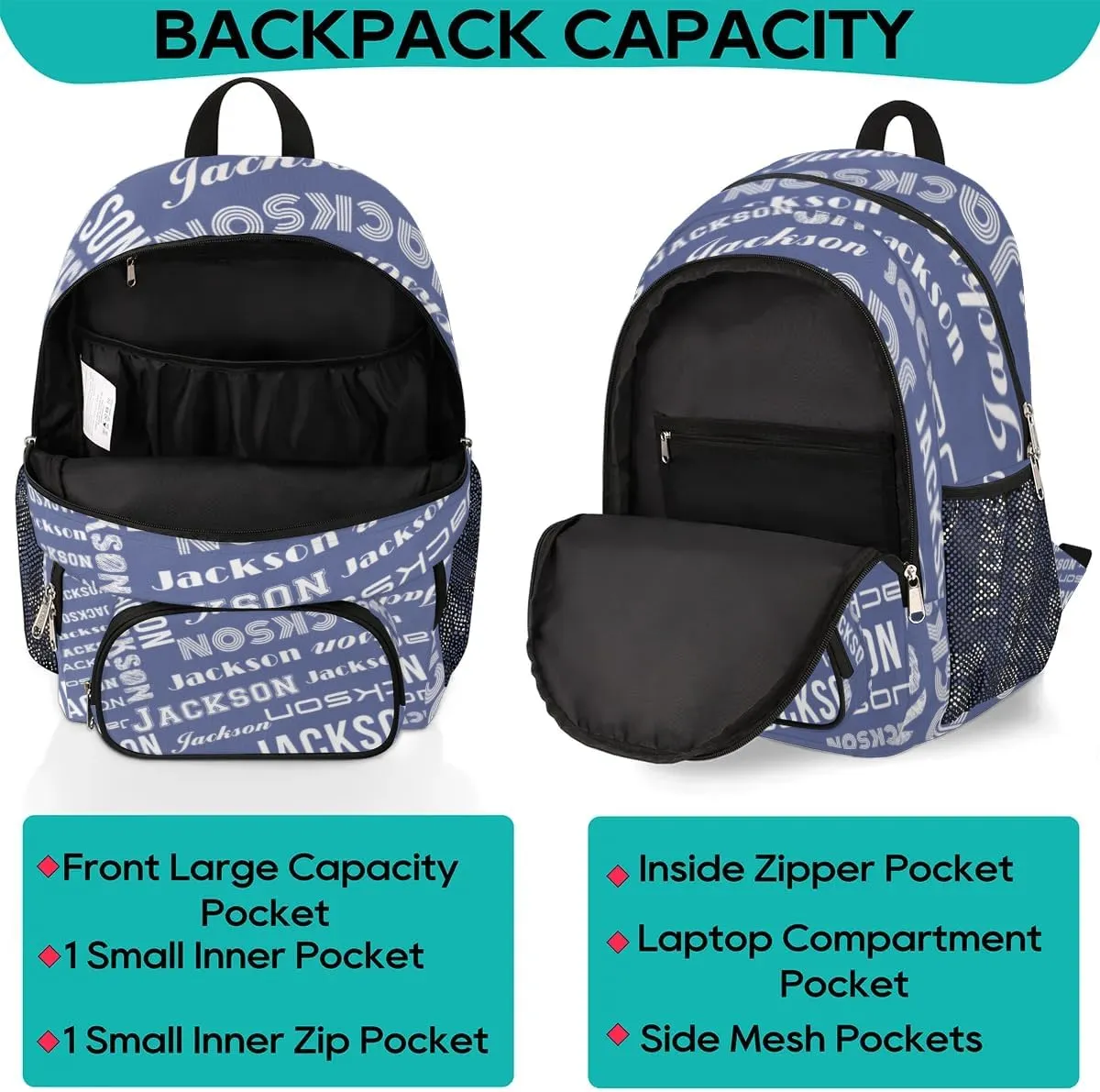 Personalized Daypack with Name Text, Lightweight Custom Backpack Carry On Bag for Travel, Business Trip, Picnic, Blue Gray