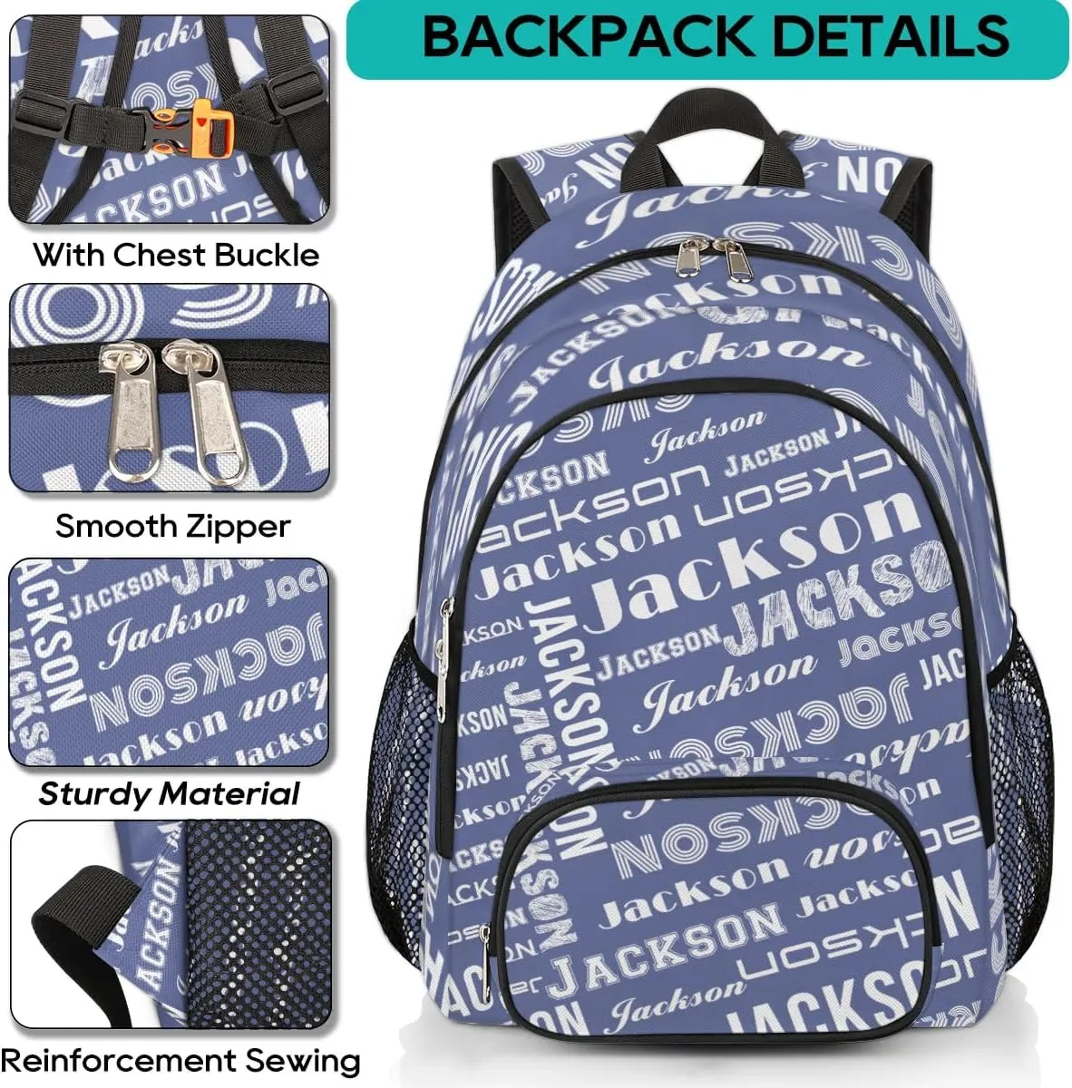 Personalized Daypack with Name Text, Lightweight Custom Backpack Carry On Bag for Travel, Business Trip, Picnic, Blue Gray