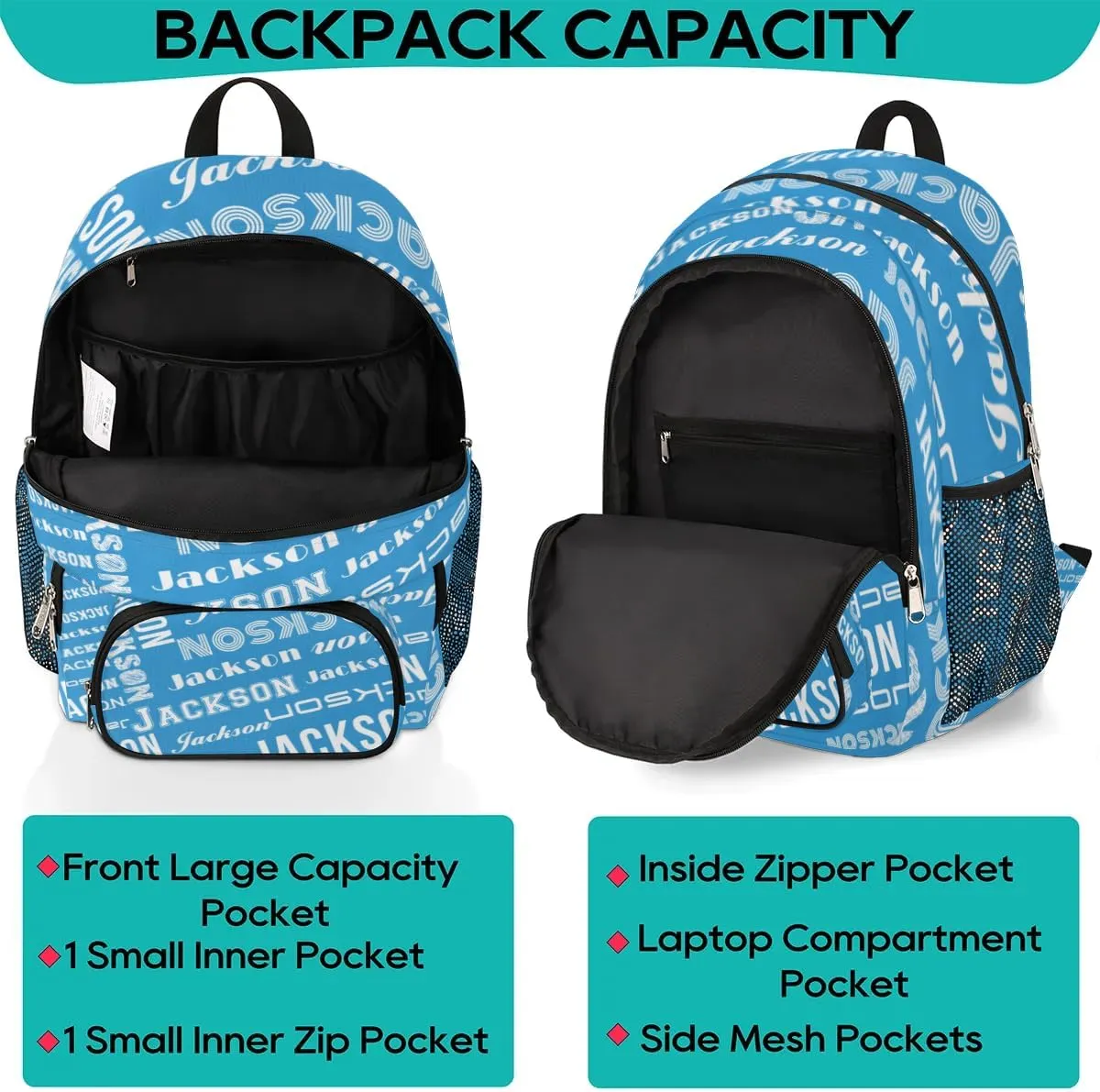 Personalized Daypack with Name Text, Lightweight Custom Backpack Carry On Bag for Travel, Business Trip, Picnic, Blue