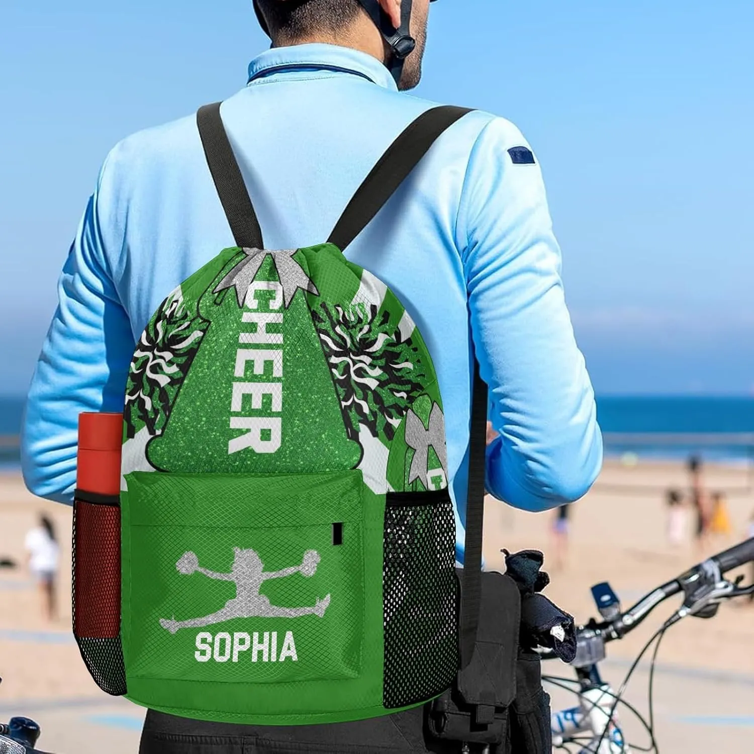 Personalized Drawstring Backpack Sports Gym Cheer Green White Cheerleader Bag with Side Pocket Pocket Water-Resistant String Backpack Cinch for Women Men