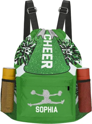 Personalized Drawstring Backpack Sports Gym Cheer Green White Cheerleader Bag with Side Pocket Pocket Water-Resistant String Backpack Cinch for Women Men