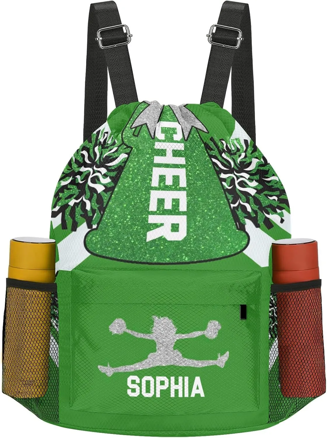 Personalized Drawstring Backpack Sports Gym Cheer Green White Cheerleader Bag with Side Pocket Pocket Water-Resistant String Backpack Cinch for Women Men