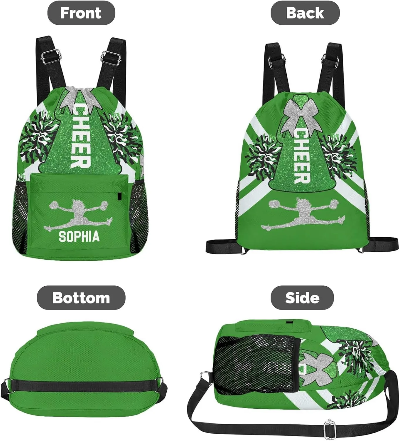 Personalized Drawstring Backpack Sports Gym Cheer Green White Cheerleader Bag with Side Pocket Pocket Water-Resistant String Backpack Cinch for Women Men