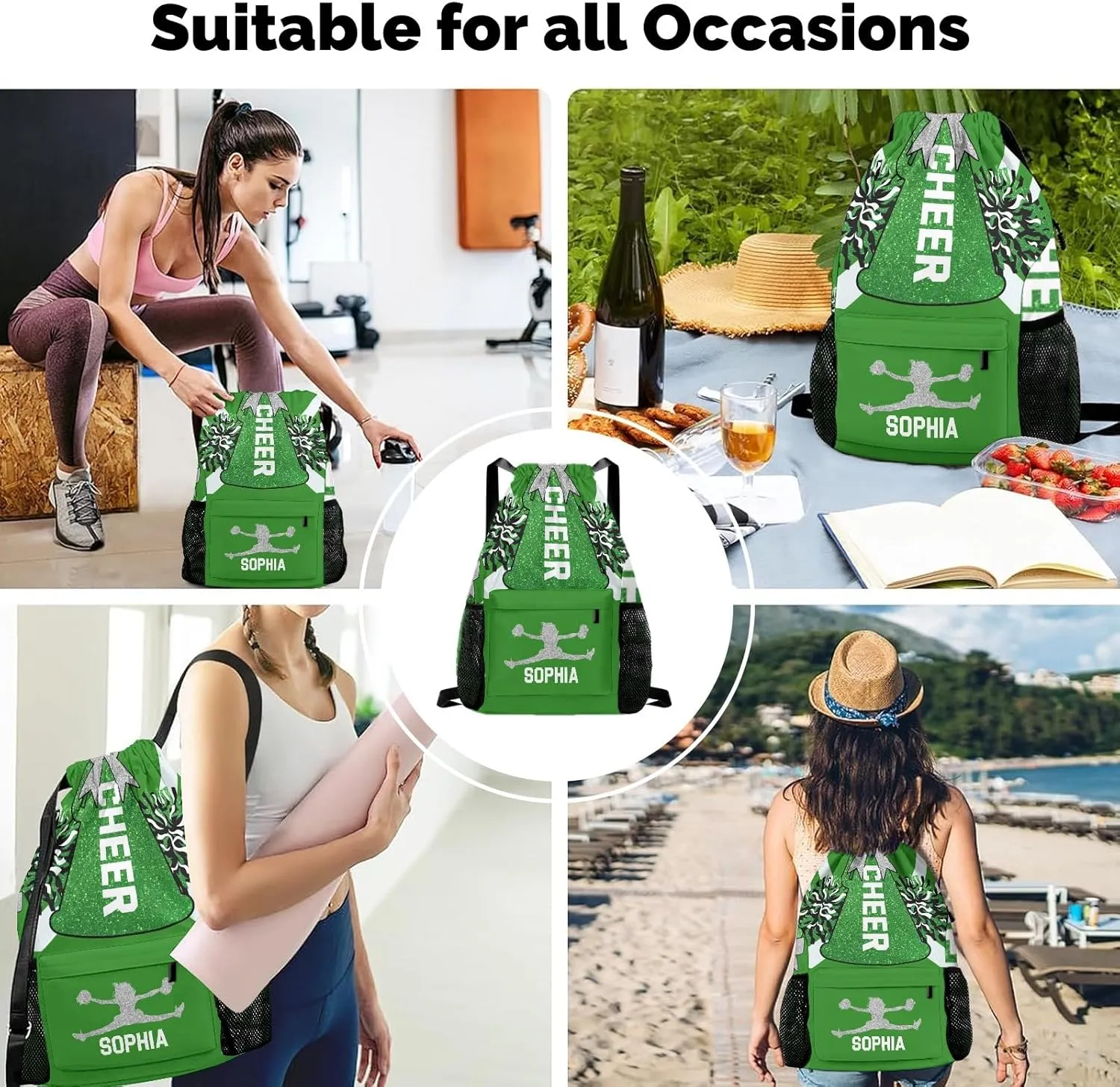 Personalized Drawstring Backpack Sports Gym Cheer Green White Cheerleader Bag with Side Pocket Pocket Water-Resistant String Backpack Cinch for Women Men