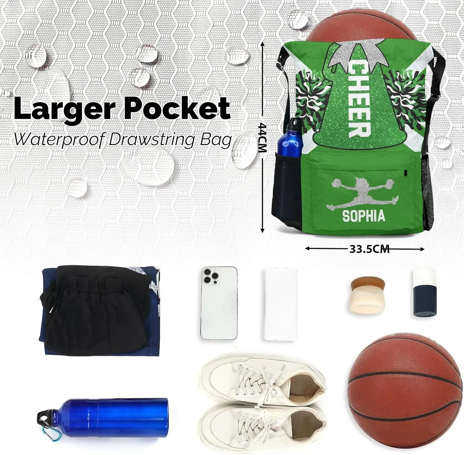 Personalized Drawstring Backpack Sports Gym Cheer Green White Cheerleader Bag with Side Pocket Pocket Water-Resistant String Backpack Cinch for Women Men