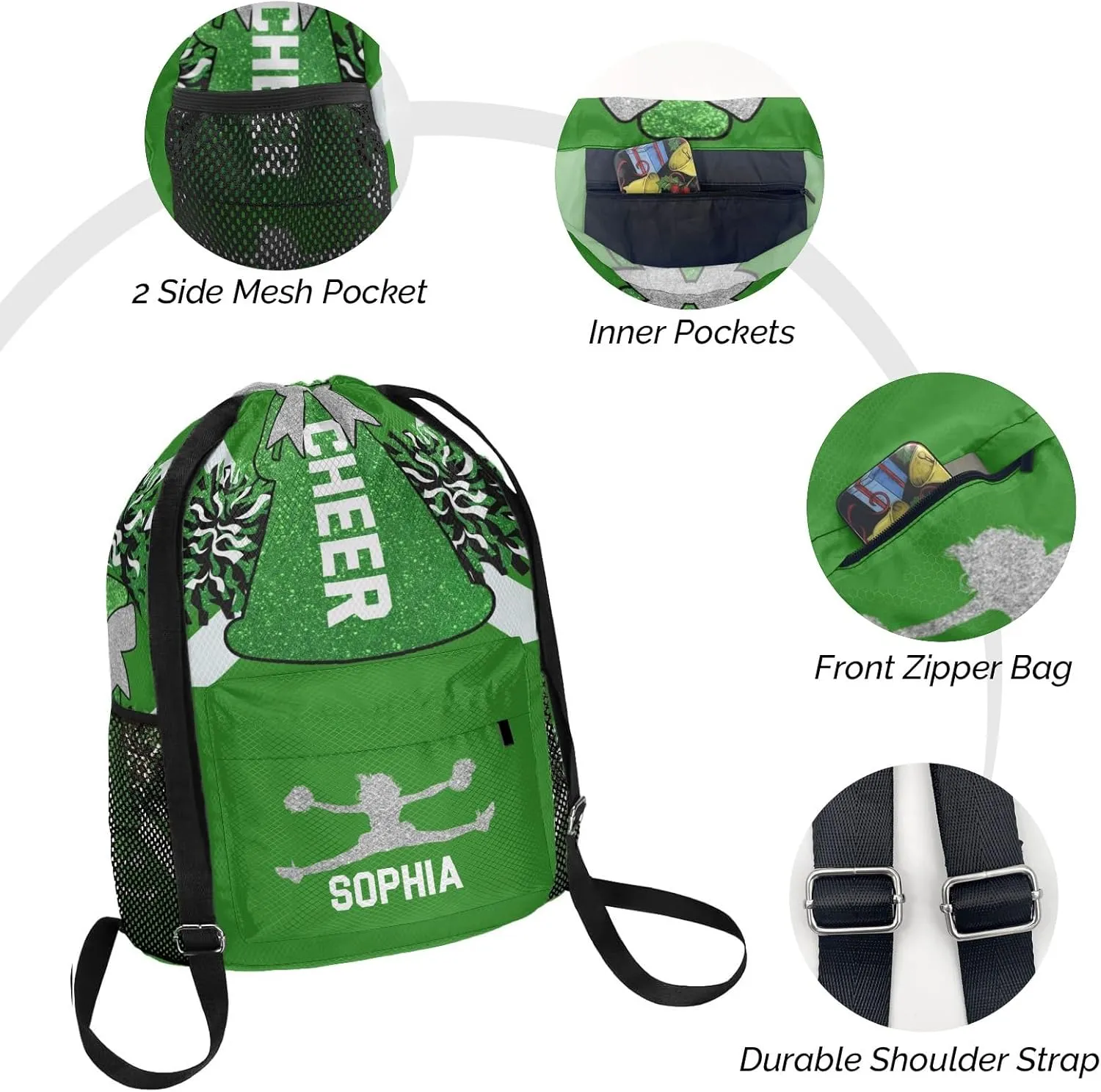 Personalized Drawstring Backpack Sports Gym Cheer Green White Cheerleader Bag with Side Pocket Pocket Water-Resistant String Backpack Cinch for Women Men
