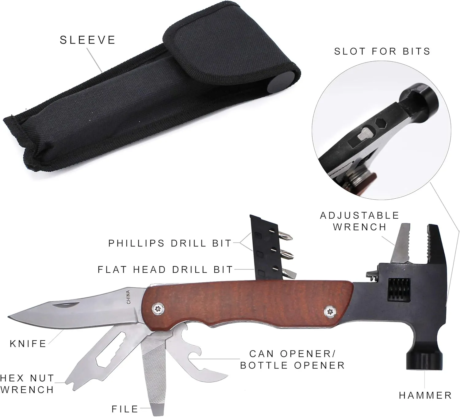 Personalized Engraved Hammer or Wrench Multi tool with Wood Handle - Customized for Father's Day Christmas Valentine's Birthday Him Men Husband (Hammer Multi Tool)