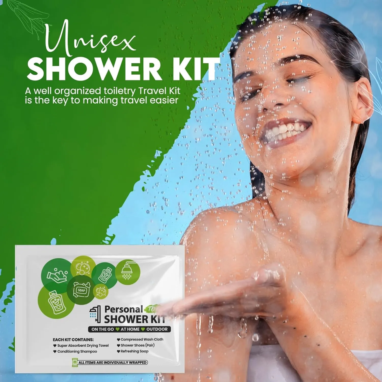 pH Advantage Compact Personal Shower Kit To-Go (Green) – Your Hygiene Companion for Travel, Gym, Camping | Shower on the Go | Shampoo, Soap, Towel. All in One (100)