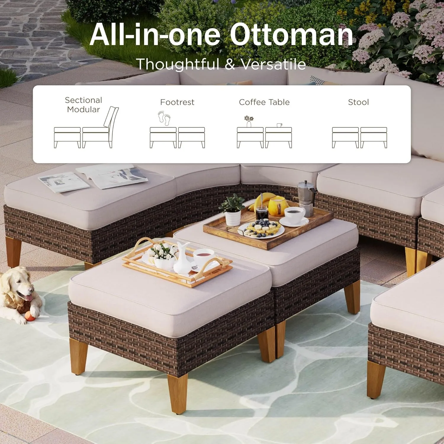 PHI VILLA 12-Piece Outdoor Conversation Set, Half-Moon Curved Sectional Wicker Sofa Outdoor Rattan Furniture Patio Set for 12 Seats with Cushions, Beige