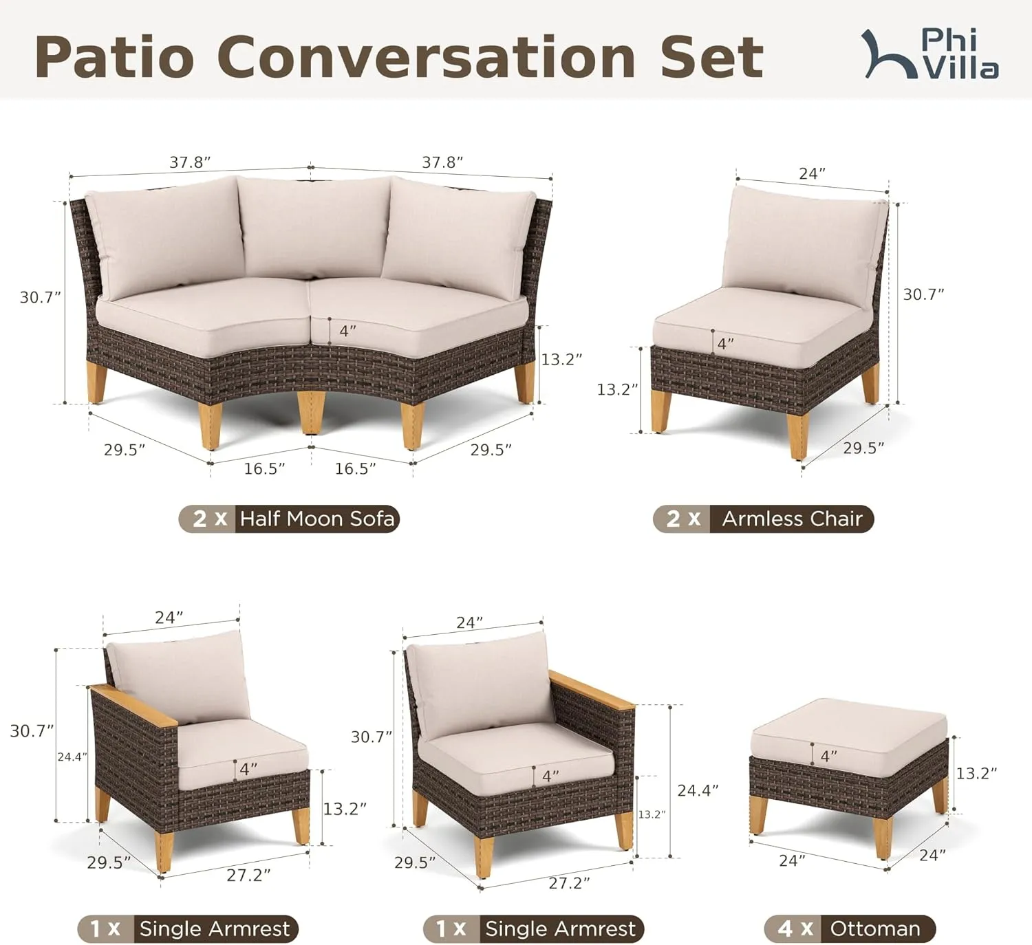 PHI VILLA 12-Piece Outdoor Conversation Set, Half-Moon Curved Sectional Wicker Sofa Outdoor Rattan Furniture Patio Set for 12 Seats with Cushions, Beige