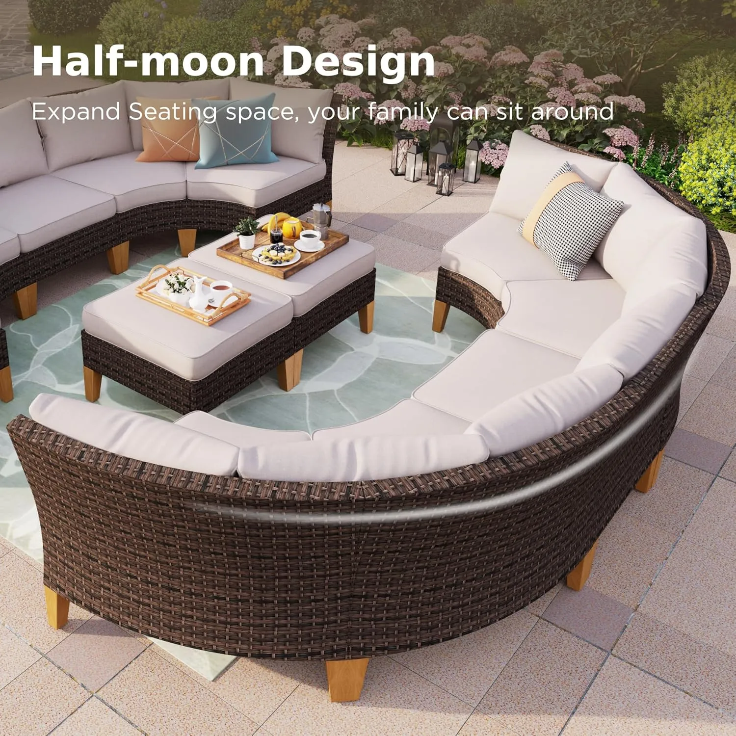 PHI VILLA 12-Piece Outdoor Conversation Set, Half-Moon Curved Sectional Wicker Sofa Outdoor Rattan Furniture Patio Set for 12 Seats with Cushions, Beige