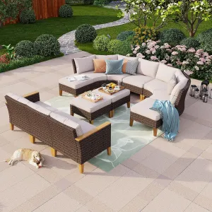 PHI VILLA 12-Piece Outdoor Conversation Set, Half-Moon Curved Sectional Wicker Sofa Outdoor Rattan Furniture Patio Set for 12 Seats with Cushions, Beige