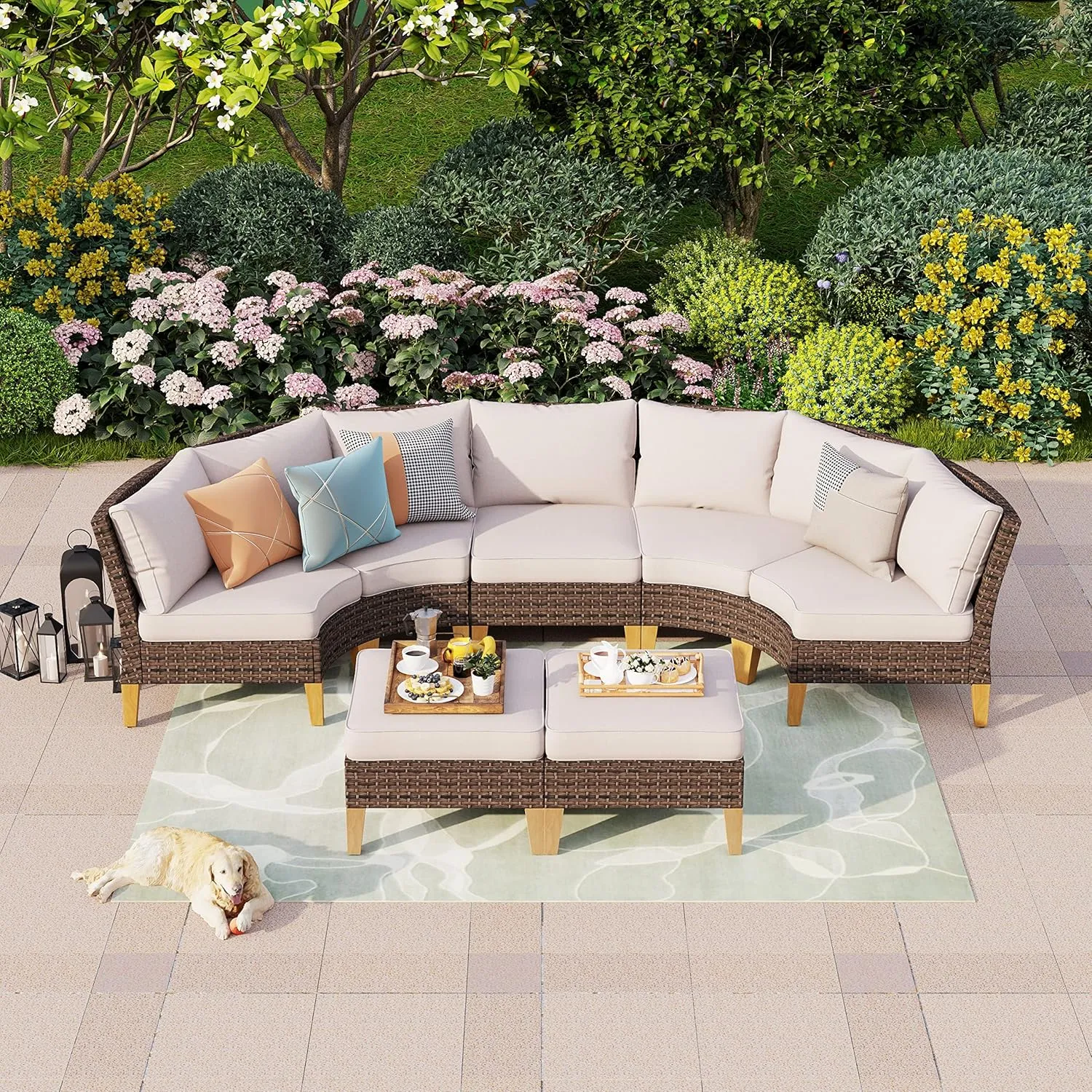 PHI VILLA 7-Piece Outdoor Patio Conversation Set, Half-Moon Curved Sectional Sofa Outdoor Rattan Furniture Patio Set for 7 Seats with Cushioned 4 x Fan-Sofa, 1 x Armless Chair and 2 x Ottoman, Beige
