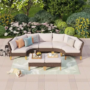 PHI VILLA 7-Piece Outdoor Patio Conversation Set, Half-Moon Curved Sectional Sofa Outdoor Rattan Furniture Patio Set for 7 Seats with Cushioned 4 x Fan-Sofa, 1 x Armless Chair and 2 x Ottoman, Beige