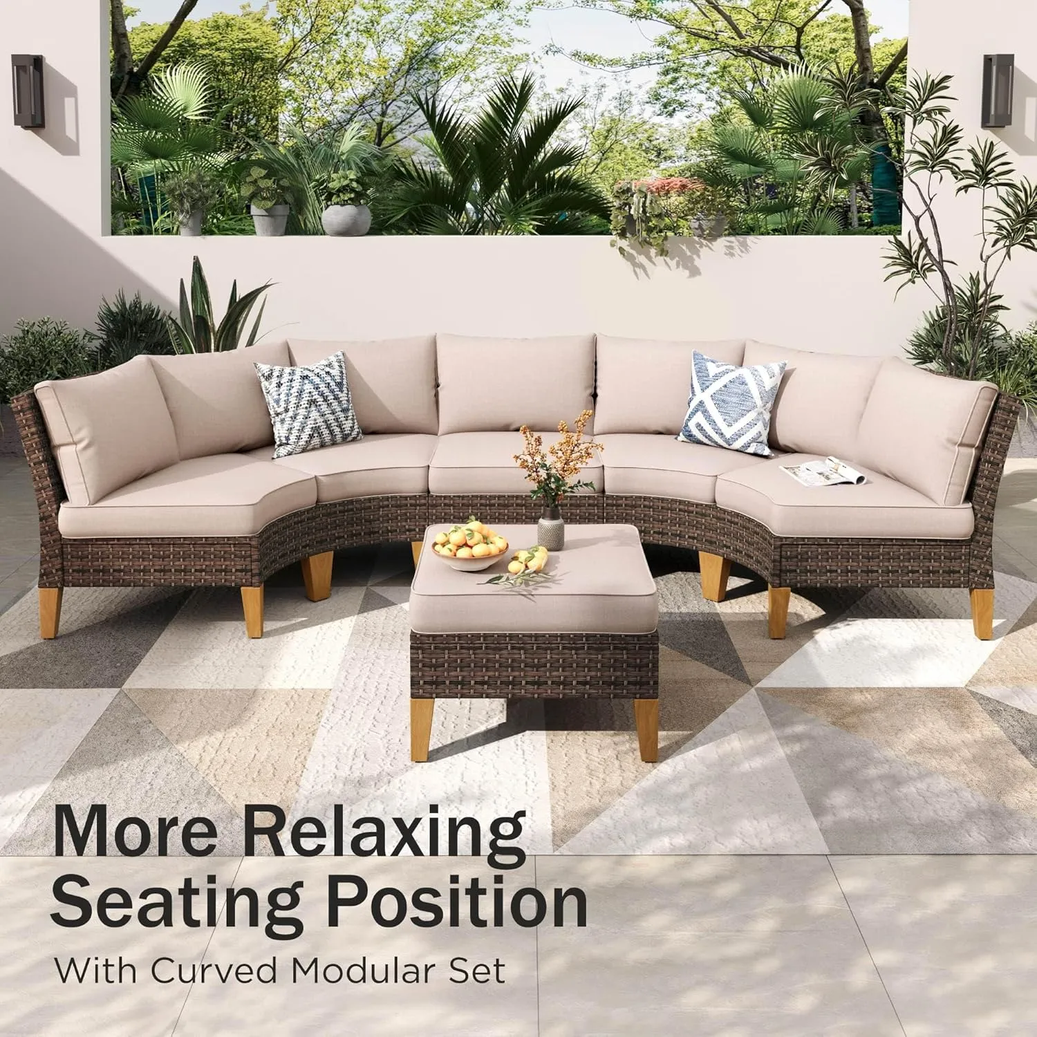 PHI VILLA 7-Piece Outdoor Patio Conversation Set, Half-Moon Curved Sectional Sofa Outdoor Rattan Furniture Patio Set for 7 Seats with Cushioned 4 x Fan-Sofa, 1 x Armless Chair and 2 x Ottoman, Beige