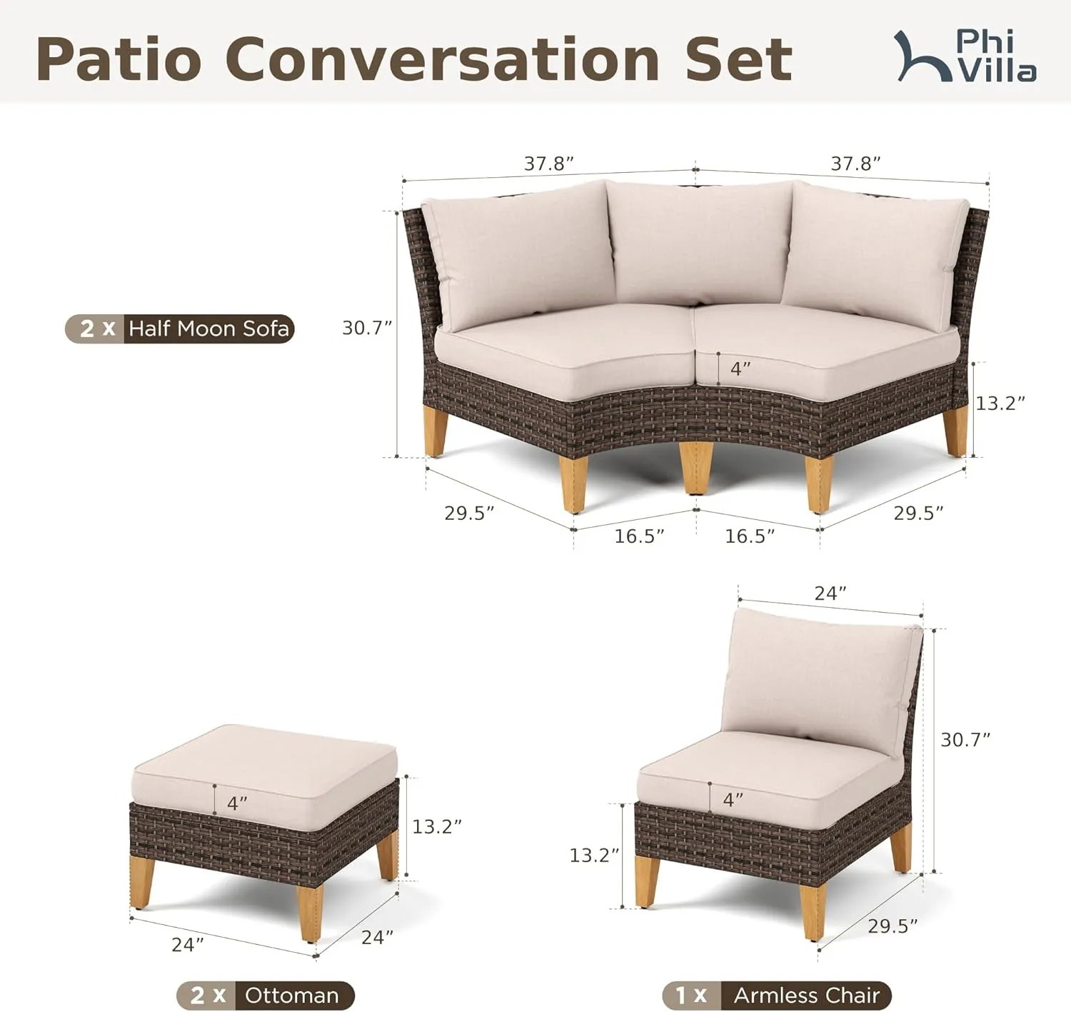 PHI VILLA 7-Piece Outdoor Patio Conversation Set, Half-Moon Curved Sectional Sofa Outdoor Rattan Furniture Patio Set for 7 Seats with Cushioned 4 x Fan-Sofa, 1 x Armless Chair and 2 x Ottoman, Beige