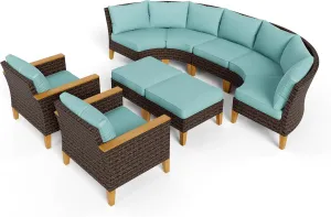 PHI VILLA 9-Piece Patio Conversation Set, Half-Moon Curved Sectional Outdoor Furniture Patio Wicker Sofa Set for 9 Seats with Cushions, Blue