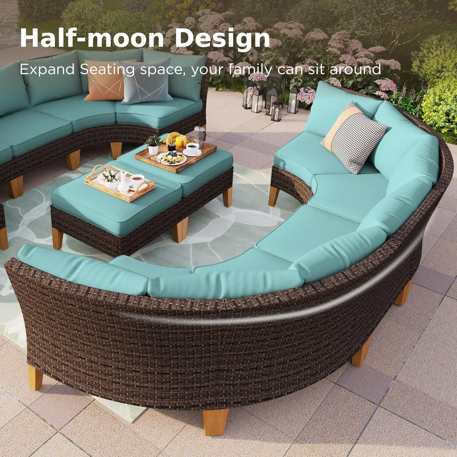PHI VILLA 9-Piece Patio Conversation Set, Half-Moon Curved Sectional Outdoor Furniture Patio Wicker Sofa Set for 9 Seats with Cushions, Blue