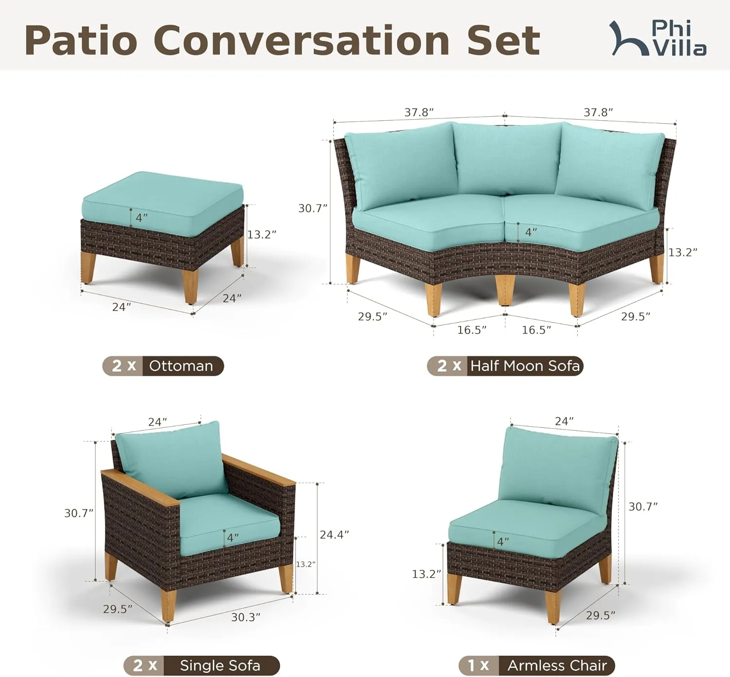 PHI VILLA 9-Piece Patio Conversation Set, Half-Moon Curved Sectional Outdoor Furniture Patio Wicker Sofa Set for 9 Seats with Cushions, Blue