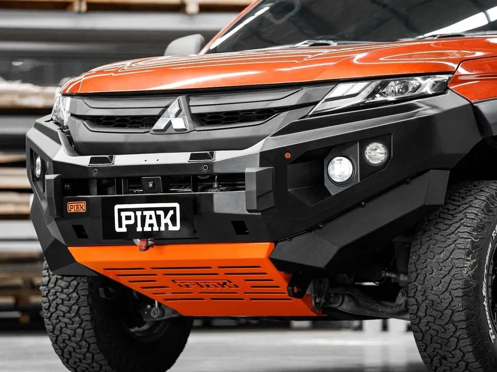 PIAK Elite Non Loop Bull Bar Black Recovery Points Orange Bash Plate for Mitsubishi Triton 2018 to 2023